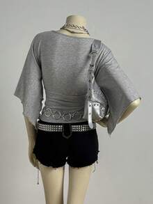 EgrlEra 女士性感深V领修身复古针织T恤 - 灰色 - 查看 2