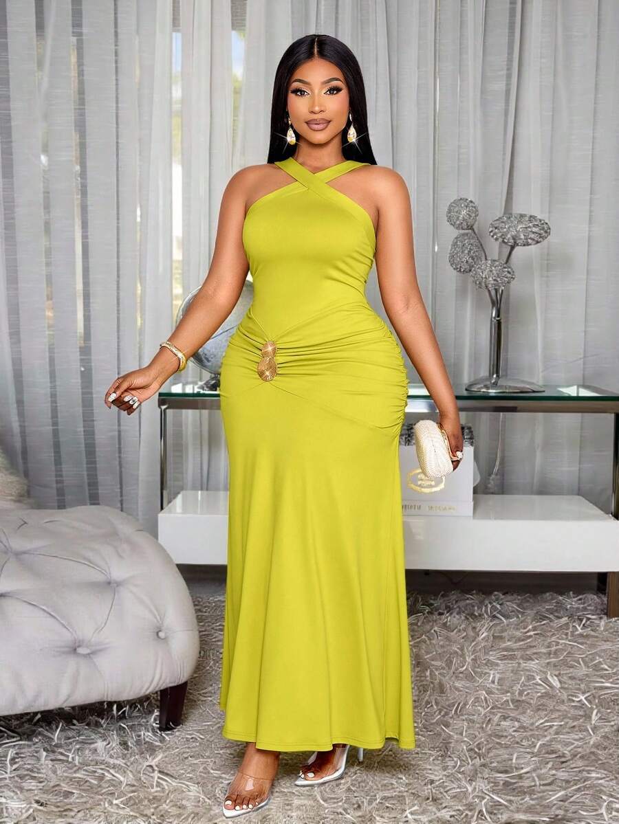 SOLERSUN 大码女式时尚纯色黄绿色无袖交叉领性感长裙，时尚金属饰边，独特设计，优雅显瘦，简约休闲百搭，适合春、夏、秋、冬四季穿着，是派对、野餐、度假、浪漫约会、购物等场合的完美之选。 - 綠色 - 查看 1