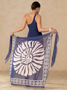 Swim Oasis Traje de baño de una pieza con pliegues de unicolor con cubierta y falda estampada para mujer, perfecto para vacaciones - Azul Marino - Ver 1