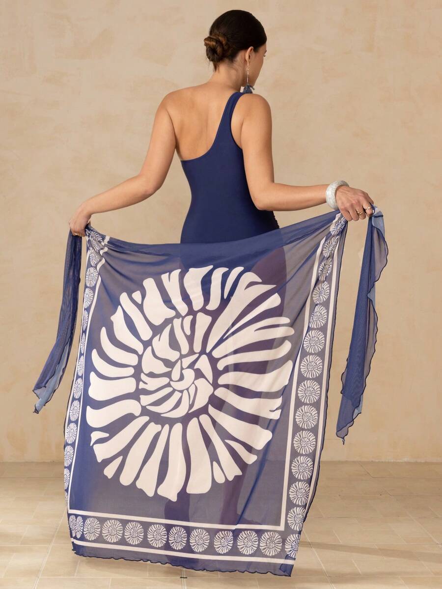 Swim Oasis Traje de baño de una pieza con pliegues de unicolor con cubierta y falda estampada para mujer, perfecto para vacaciones - Azul Marino - Ver 1