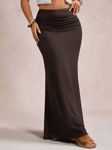 Freevana Plus Size Elegant Romantic Vintage A-Line Maxi Knit Skirt For Party And Gathering, Autumn/Winter - Coffee Brown - View 3