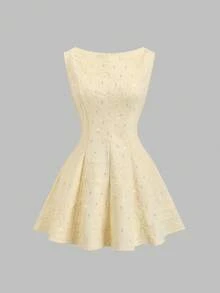 Sweetra 新款镂空串珠提花面料优雅通勤时尚船领荷叶边下摆黄色连衣裙，女款 - 黃色 - 查看 2