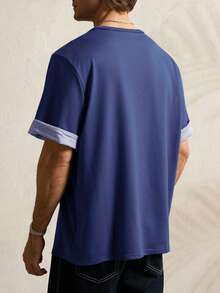 INAWLY Camiseta de manga corta con cuello redondo, de estilo casual y con rayas y parches para hombre - Azul - Ver 3