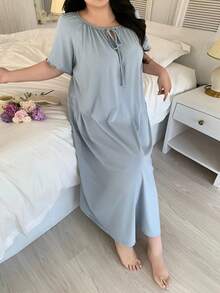 Dazy Plus 大码纯色扭结褶皱圆领休闲短袖睡裙 - 淺藍色 - 查看 7