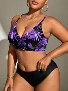 SHEIN Swim Curve Áo bikini hai mảnh họa tiết lá dành cho nữ cỡ lớn, thích hợp cho kỳ nghỉ biển. - Màu tím - Xem 5