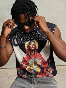 ROMWE MEN 男士复古街头风无袖印花背心，2000年代风格 - 彩色 - 查看 2