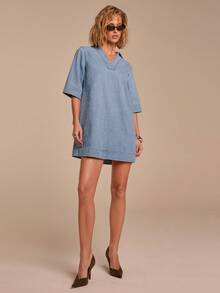 COSMINA Women's Denim Lapel 3/4 Sleeve Loose Casual Denim Dress, Elegant Commuter Denim Dress, Light Blue Denim Dress - Baby Blue - View 3