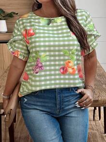 Weeklong Green Plaid Fruit Print Dopamine Vacation Shirt - Plus Size, Puff Sleeve With Ruffle Trim, Versatile For Casual/Office Wear (Spring & Summer) - Multicolor - View 4