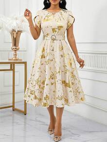 SHEIN Lady 女士优雅箔印花卉花瓣袖连衣裙，夏季 - 彩色 - 查看 3