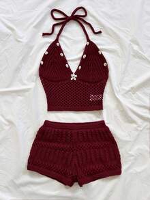 Soleia Women's Summer New Shell Decor Halter Knit Top And Shorts 2 Pieces Set - Rusty Rose - View 6