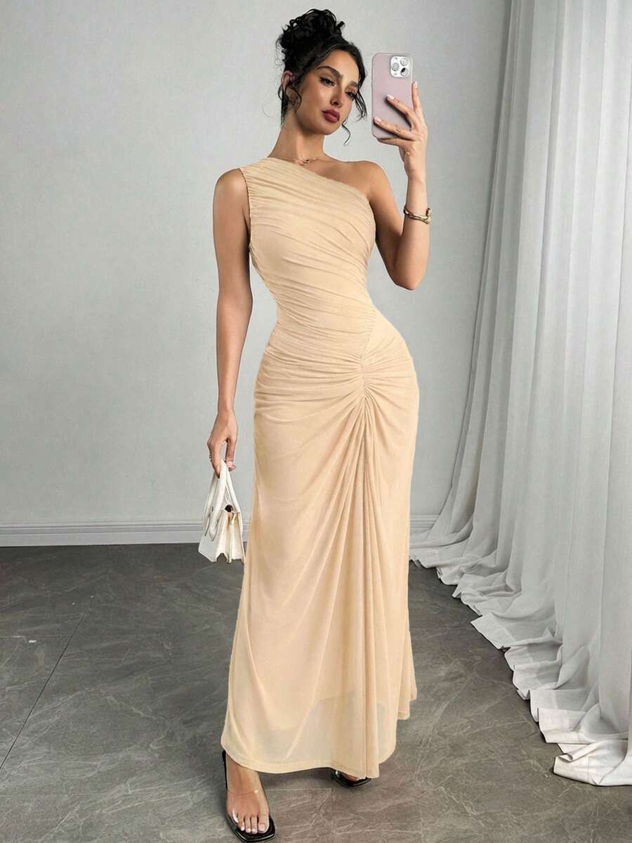 Firerie 女士新款优雅红色褶裥网纱半身裙，假日半身裙，酒红色半身裙/海边休闲、派对、鸡尾酒会/音乐会/郊游休闲 - 杏色 - 查看 1