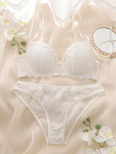 2pcs Lace Patchwork Bra Set With Steel Rings, High Support, Lift And Gather, Romantic Floral Design, Women's Lingerie Set
