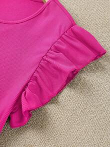 SHEIN LUNE 大码纯色圆领上衣和印花短裤两件套，女童夏季套装，女童春季服装，女士夏季两件套，女童碎花短裤套装，女童荷叶边袖上衣，儿童女童服装，幼儿女童短裤套装 - 玫紅色 - 查看 4