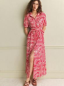 Écloséra 法式复古印花长裙 - 紅色 - 查看 1