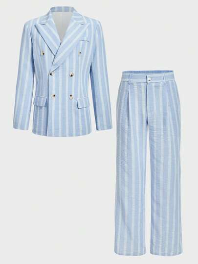 HIMLAND 男士条纹双排扣长袖西装外套和裤子，休闲通勤办公套装