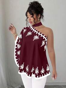 SHEIN Elenzya Áo kiểu cỡ lớn, vai lệch, cổ buộc dây, in họa tiết. - Màu Đỏ Sâu - Xem 4