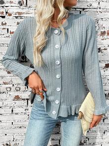 EMERY ROSE Women's Casual Minimalist Hollow-Out Knit Button-Front Cardigan, Spring/Autumn - Grey - View 5