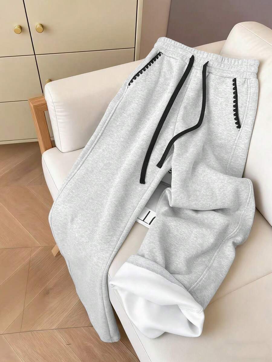 Resyla Women's Casual Thermal Lined Drawstring Waist Sweatpants, Autumn/Winter - Grey - View 1