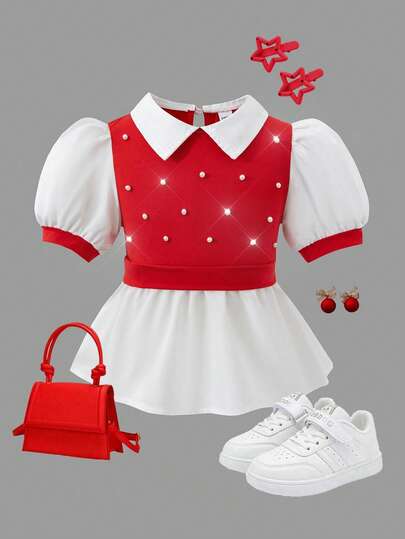 Young Girl 2 In 1 Beaded Contrast Color Shirt