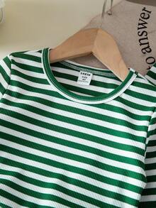 SHEIN Sparklyn 女童两件套条纹长袖圆领T恤和阔腿裤套装，休闲条纹家居服，适合居家、休闲、户外运动 - 綠色 - 查看 8