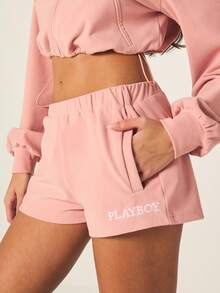 Missguided x Playboy Celana Pendek Fleece Logo Kelinci dengan Pinggang Elastis dan Tali Serut, Panjang Setengah Paha, Celana Pendek Kasual Nyaman untuk Pemakaian Sehari-hari - Berwarna merah muda - View 3