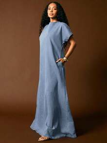 Vixey Đầm maxi denim tay bồng vai rớt cổ chữ V khoét sâu phía sau - Rửa nhẹ - Xem 5