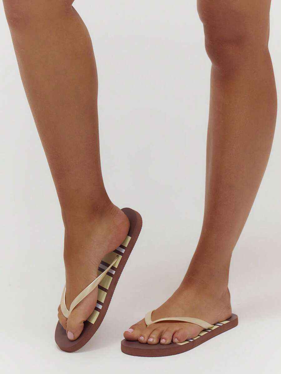 MUSERA 多色条纹透明带人字拖 可爱夏季游泳沙滩外出日常春季假期配饰 - 棕色 - 查看 1