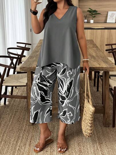 Weeklong Casual Vacation Style Plus Size 2 Pieces Set With Floral Patchwork