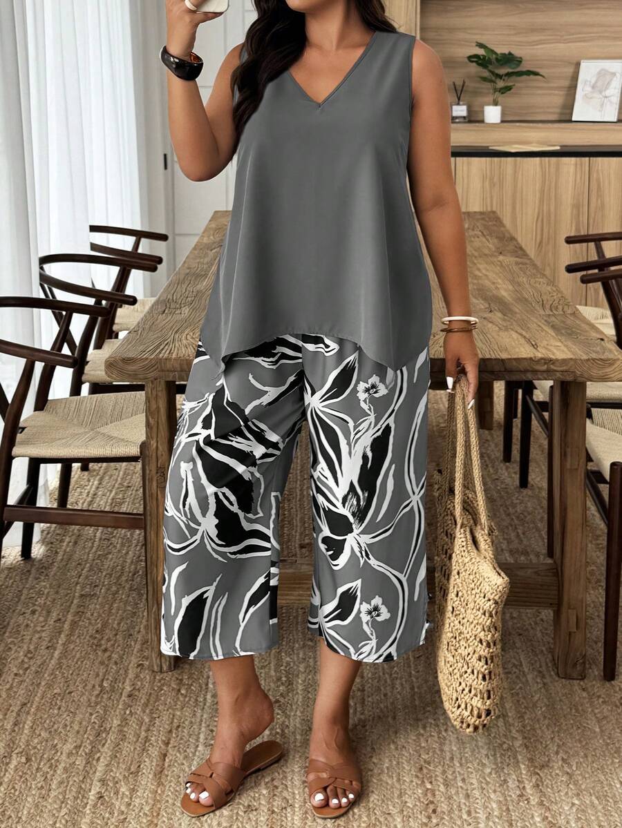 Weeklong Bộ đồ 2 món phong cách nghỉ dưỡng thường ngày, cỡ lớn, với họa tiết hoa ghép mảnh. - Nhiều màu - Xem 1