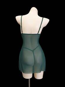 SHEIN 2pcs/Set Women's Sexy Non-Wired Mesh Bra And Spaghetti Strap Slip Set - Dark Green - View 4