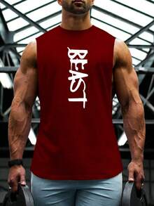 Manfinity Sport Corelite 男士运动无袖运动 T 恤、背心、吊带训练和健身房和锻炼落臂剪裁吸湿排汗、透气、快干“野兽”字母印花图形勃艮第常规版型面料圆领略弹力男友风格男士字母印花圆领运动背心健身上衣健身上衣健身上衣圣诞节透气 - 酒紅色 - 查看 3