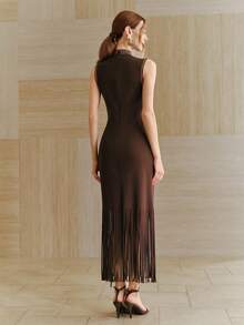 Anewsta Đầm nữ thanh lịch, đầm đi nghỉ mát, đầm dài màu nâu tối giản không tay cổ lửng, đính tua rua, thích hợp cho công sở. - Cà phê - Xem 6