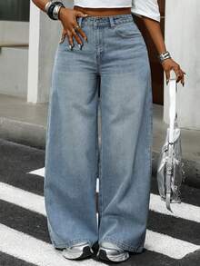 Livesso Women's Casual Loose Straight Leg Jeans, Distressed Design, Vacation Style, Suitable For Spring, Summer, Valentine's Day - Blue - View 4