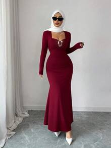 Elenzga Váy dự tiệc thanh lịch dành cho nữ, màu đỏ tía, cổ áo hình trái tim, nút trang trí bằng kim loại, thiết kế nhún bèo, tay dài, dáng ôm, viền xòe, phù hợp cho mùa xuân và mùa thu - Màu Đỏ Sâu - Xem 1