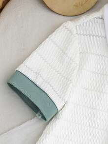 Bộ áo liền quần cho bé trai/bé gái sơ sinh, màu xanh lá cây, chất liệu vải jacquard mềm mại, thoải mái, phối màu tương phản, cổ bẻ, tay ngắn, khóa kéo nửa thân, có quần đùi hở đáy, thích hợp cho kỳ nghỉ, ở nhà và hoạt động ngoài trời. - trắng - Xem 4