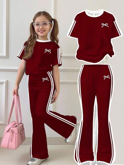 SHEIN Leap Crew Retro Sporty Stripe Set, Mini Bow Decor, Tween Girl Casual Minimalist Red & Cream White Stripe Loose Crew Neck Short Sleeve T-Shirt And Flare Pants 2 Piece Outfit, Suitable For Summer Girls 2 Piece Pants Set Tween Sporty Sets Sporty 2 Piece Set Girls Girls Pants Set Jogging Sets For Girls