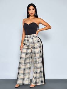 SOLERSUN Women's Spring Summer Casual Elegant Old Money Contrast Color Tartan Plaid Print Wide Leg Pants, Suitable For Vacation, Business, Office, Commute, Daily Wear - Black - View 4