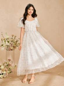 Đầm màu hồng nhạt cho bé gái tuổi teen, mùa xuân/hè, đầm dự tiệc cưới, tiệc sinh nhật, đầm dài bằng chiffon cho bé gái, đầm ngắn tay bằng polyester không co giãn, nhẹ. - Màu Hồng baby - Xem 4