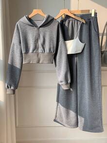 SHEIN EZwear 女式春季时尚粉色拉链连帽运动衫和裤子两件套 - 深灰色 - 查看 7