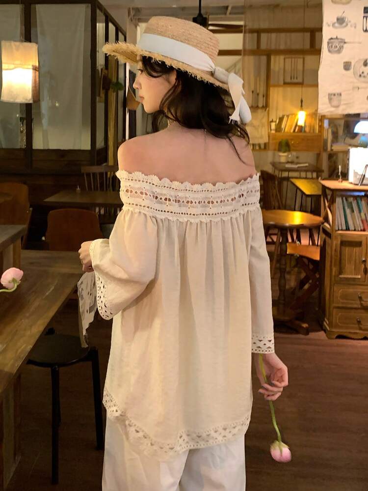 Women's Casual Off-Shoulder Blouse With Lace Trim, Loose Fit, 3/4 Sleeve, Suitable For Spring And Summer Boho