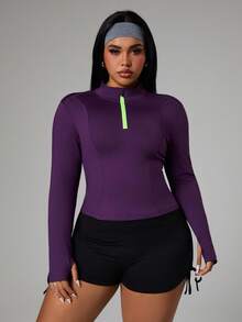 Rhythm Era 大码运动时尚半拉链卫衣，紧身长袖荧光撞色网眼拼接上衣 - 紫色 - 查看 4