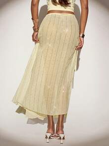 SHEIN ICON Falda envolvente de gasa sexy con bordados y cuentas - Amarillo claro - Ver 2