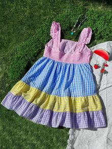 Sweetra Vestido midi de manga corta con parches de cuadros de talla grande y colorido - Multicolor - Ver 2