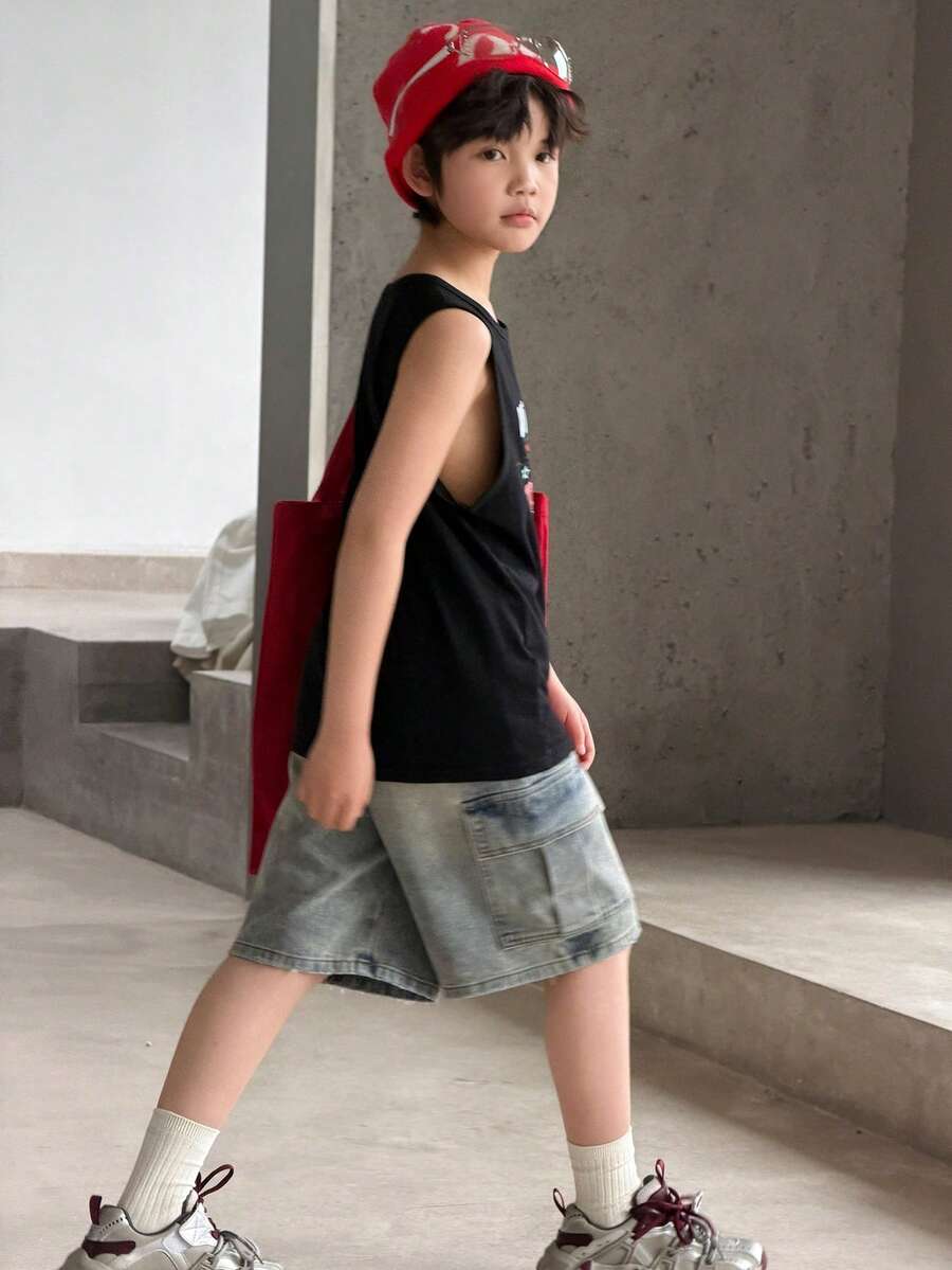 Dazy Kids 男童宽松牛仔短裤，带工装口袋 - 藍色 - 查看 1