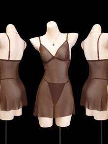 2pcs/Set Women's Sexy Wireless Mesh Lingerie Camisole Set - Coffee Brown - View 4