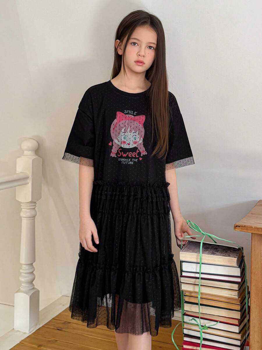 DAZY 少女休闲卡通印花网纱拼接夏季连衣裙 - 黑色 - 查看 1