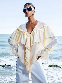 LYSMO 2026 New Arrive Minimalism Spring/Summer Women's Fashion Casual Vacation Deep V-Neck Ruffle Sleeve Semi-Sheer Blouse, Spring/Summer/Autumn - Olive Green - View 9