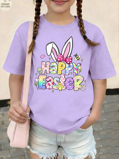 Tween Girl Purple Round Neck Short Sleeve Graphic Tee, Casual Comfortable Fashion Versatile Rabbit Ear & "Happy Easter" Letter Print Short Sleeve T-Shirt, Holiday, Suitable For Daily Wear, School, Outing, Easter Celebration