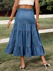 Breezaya 女士休闲牛仔裙，荷叶边下摆 - 中等水洗藍 - 查看 3