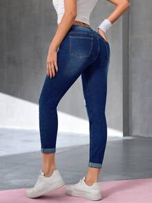 SHEIN Tall 女士纽扣前袋做旧修身休闲牛仔裤 - 藍色 - 查看 2